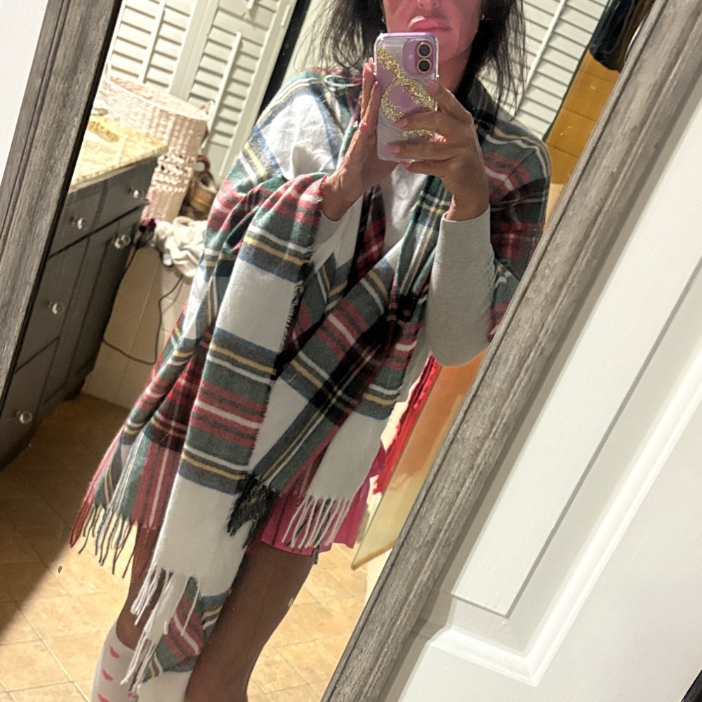 LOFT Plaid Cape in Red, Green, and Cream